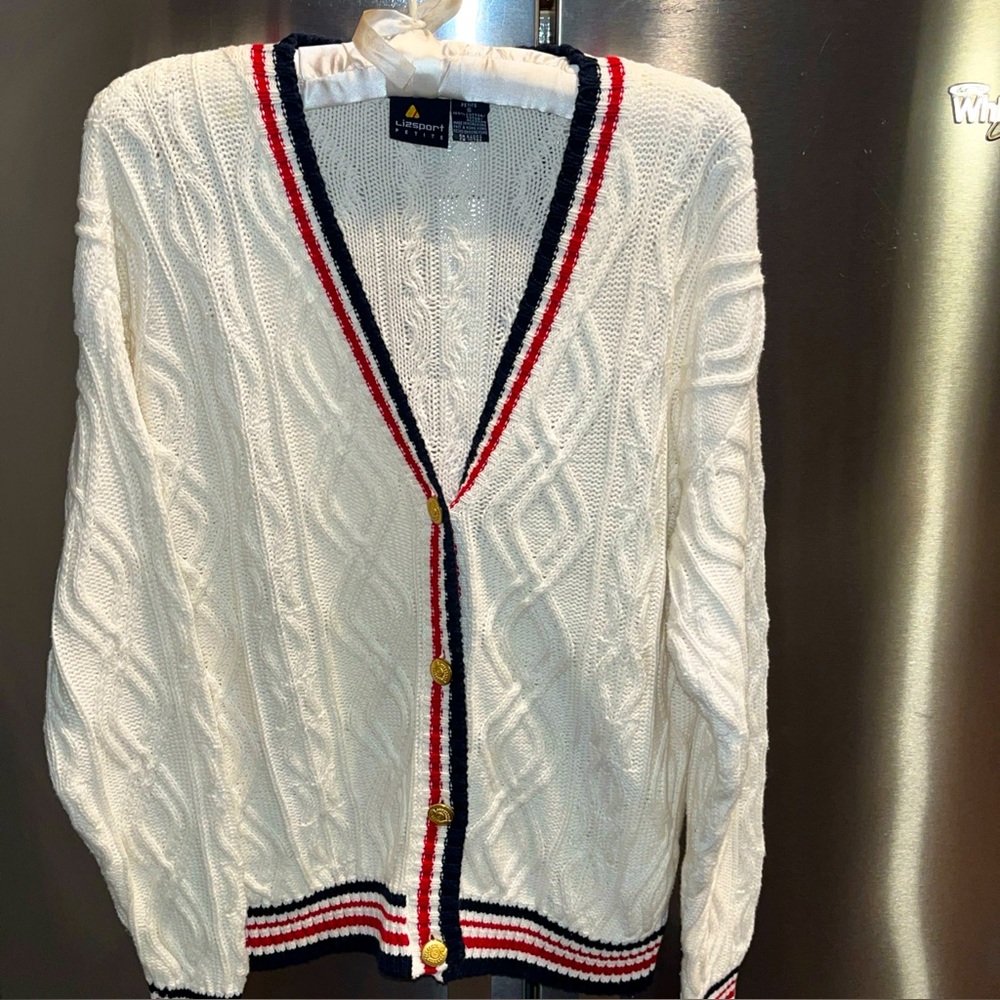 Lizsport WHITE tennis sweater CABLE KNIT V NECK Cardigan 90s BLUE RED Stripes SP